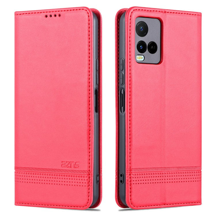 AZNS Shockproof Wallet Stand Design Magnetic Auto Closing PU Leather Phone Case Cover for vivo Y21/Y33s - Red