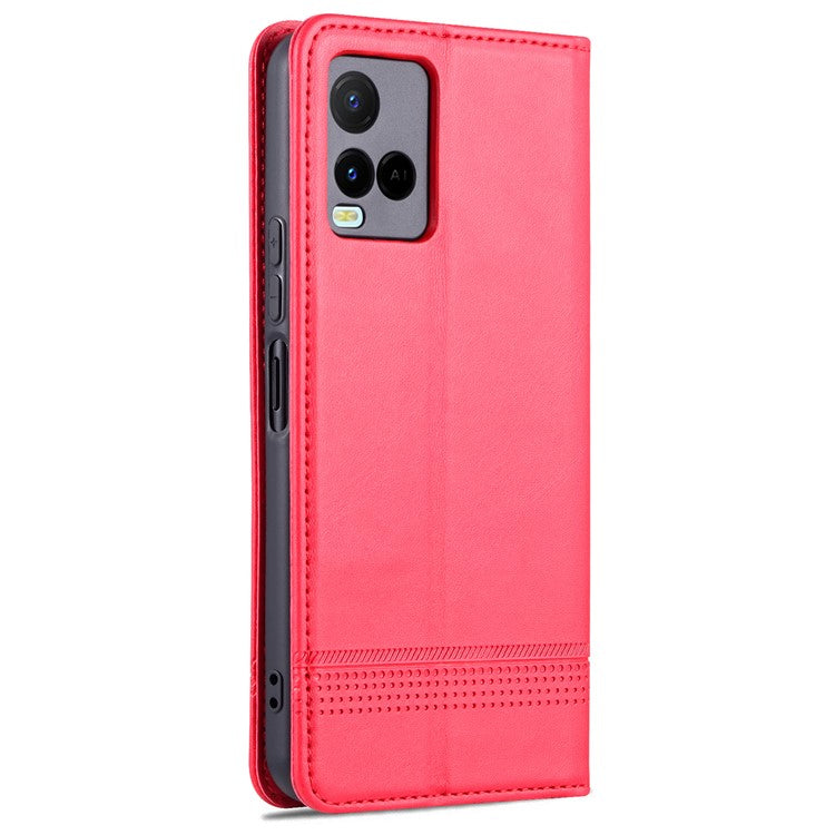 AZNS Shockproof Wallet Stand Design Magnetic Auto Closing PU Leather Phone Case Cover for vivo Y21/Y33s - Red