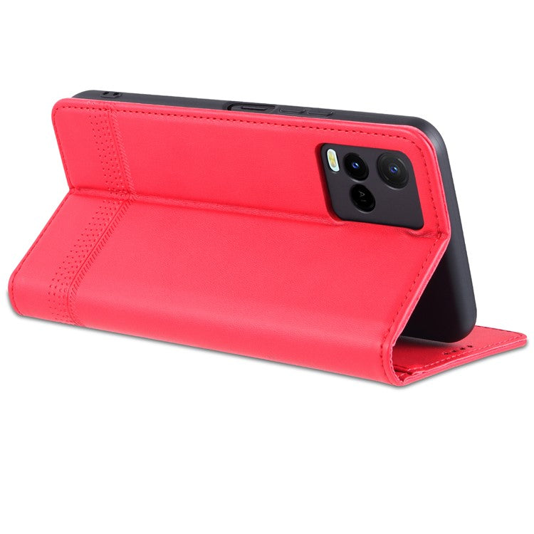 AZNS Shockproof Wallet Stand Design Magnetic Auto Closing PU Leather Phone Case Cover for vivo Y21/Y33s - Red