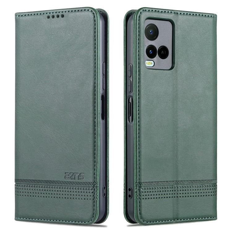 AZNS Shockproof Wallet Stand Design Magnetic Auto Closing PU Leather Phone Case Cover for vivo Y21/Y33s - Green