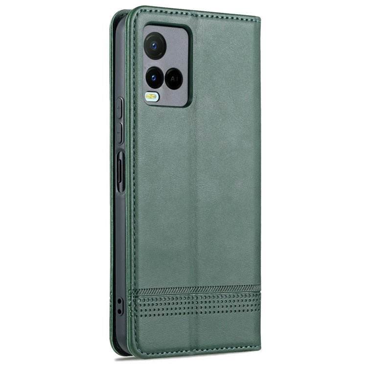 AZNS Shockproof Wallet Stand Design Magnetic Auto Closing PU Leather Phone Case Cover for vivo Y21/Y33s - Green