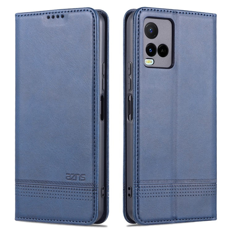 AZNS Shockproof Wallet Stand Design Magnetic Auto Closing PU Leather Phone Case Cover for vivo Y21/Y33s - Blue