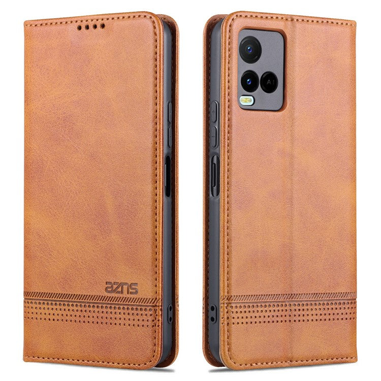 AZNS Shockproof Wallet Stand Design Magnetic Auto Closing PU Leather Phone Case Cover for vivo Y21/Y33s - Brown