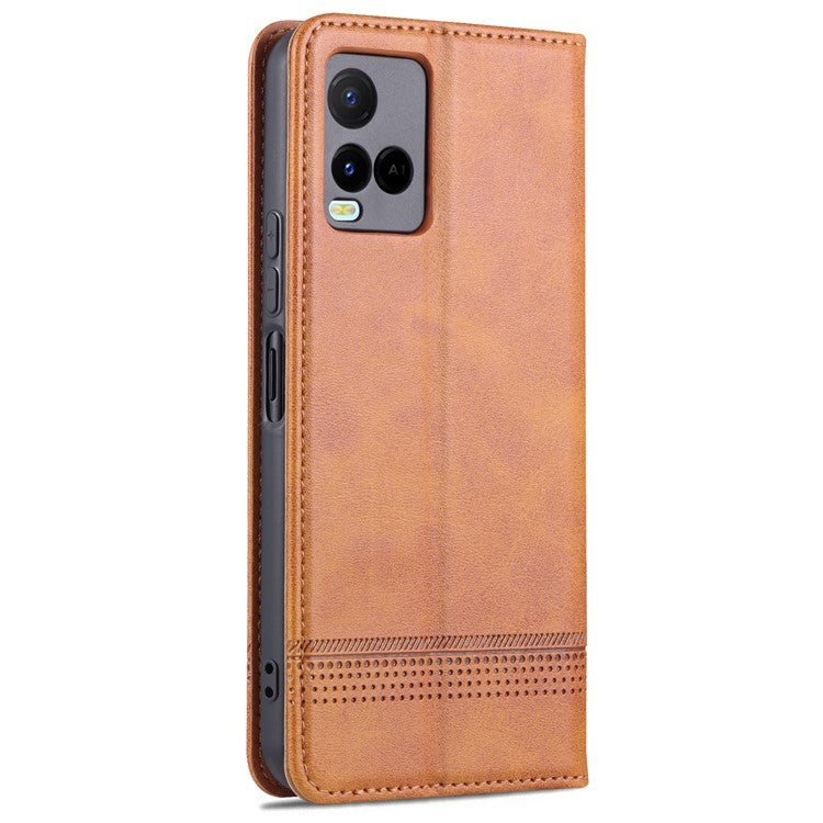 AZNS Shockproof Wallet Stand Design Magnetic Auto Closing PU Leather Phone Case Cover for vivo Y21/Y33s - Brown