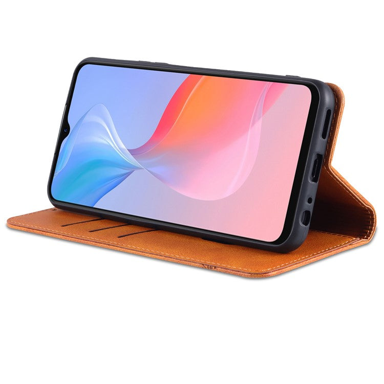 AZNS Shockproof Wallet Stand Design Magnetic Auto Closing PU Leather Phone Case Cover for vivo Y21/Y33s - Brown