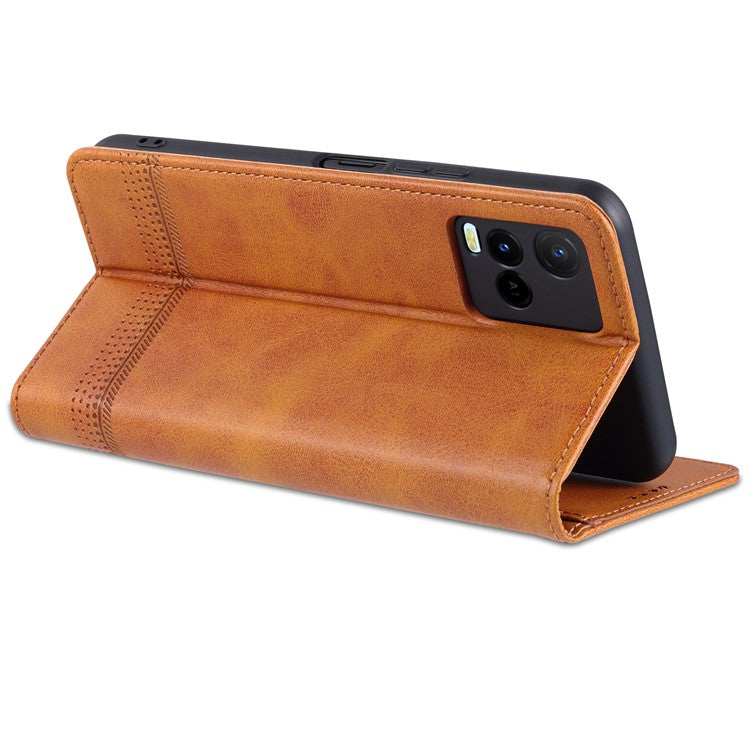 AZNS Shockproof Wallet Stand Design Magnetic Auto Closing PU Leather Phone Case Cover for vivo Y21/Y33s - Brown