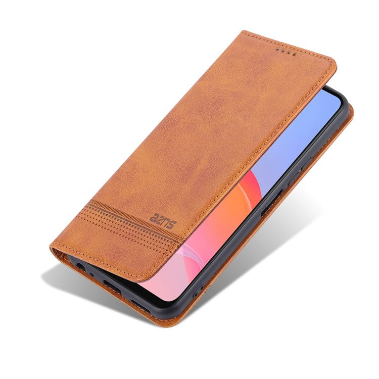 AZNS Shockproof Wallet Stand Design Magnetic Auto Closing PU Leather Phone Case Cover for vivo Y21/Y33s - Brown