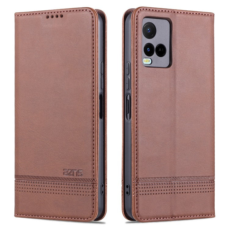 AZNS Shockproof Wallet Stand Design Magnetic Auto Closing PU Leather Phone Case Cover for vivo Y21/Y33s - Coffee