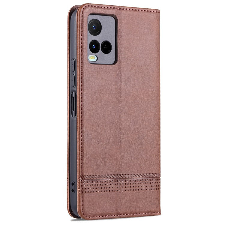 AZNS Shockproof Wallet Stand Design Magnetic Auto Closing PU Leather Phone Case Cover for vivo Y21/Y33s - Coffee