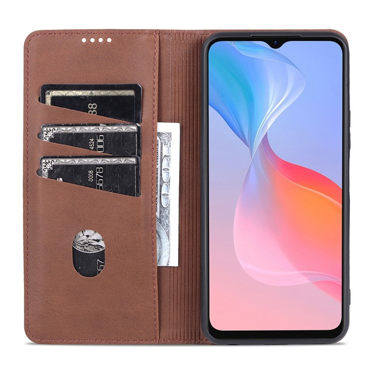 AZNS Shockproof Wallet Stand Design Magnetic Auto Closing PU Leather Phone Case Cover for vivo Y21/Y33s - Coffee