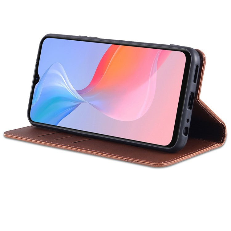 AZNS Shockproof Wallet Stand Design Magnetic Auto Closing PU Leather Phone Case Cover for vivo Y21/Y33s - Coffee