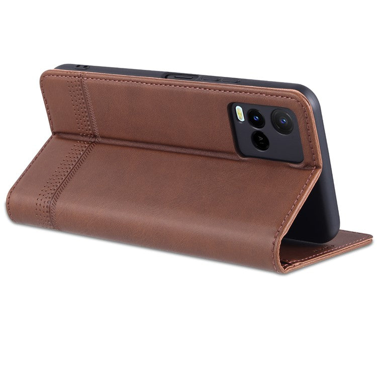 AZNS Shockproof Wallet Stand Design Magnetic Auto Closing PU Leather Phone Case Cover for vivo Y21/Y33s - Coffee