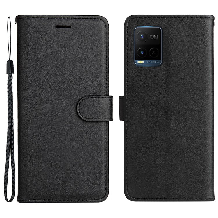 KT Leather Series-2 Solid Color Wallet Stand Anti-fall Leather Phone Case Shell with Strap for vivo Y21/Y21s/Y33s - Black