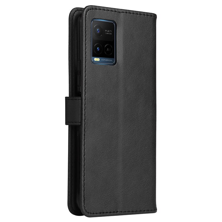 KT Leather Series-2 Solid Color Wallet Stand Anti-fall Leather Phone Case Shell with Strap for vivo Y21/Y21s/Y33s - Black