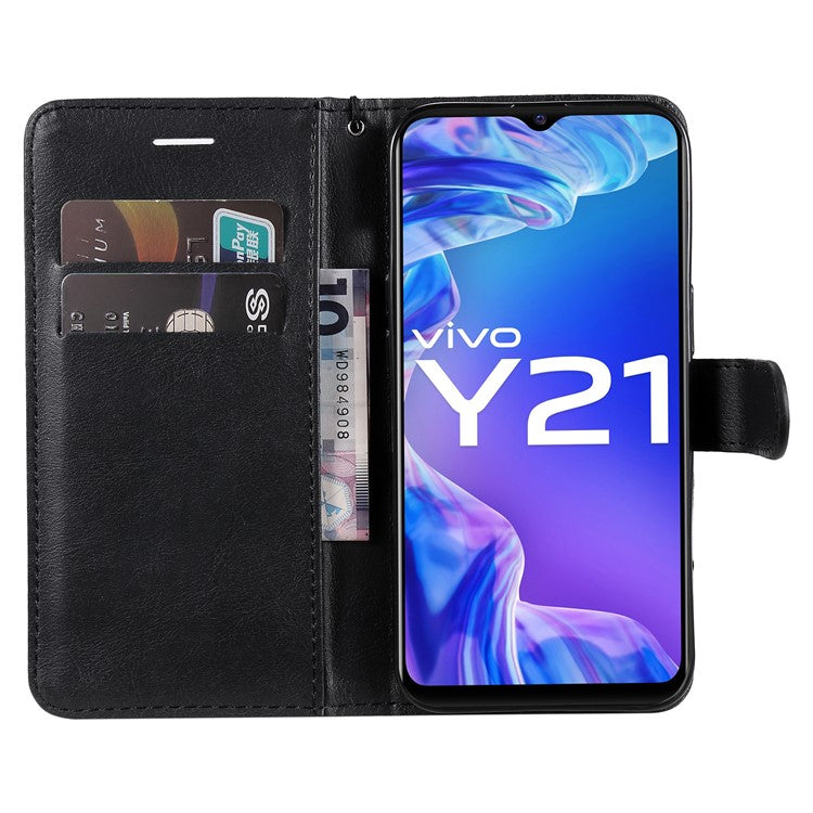 KT Leather Series-2 Solid Color Wallet Stand Anti-fall Leather Phone Case Shell with Strap for vivo Y21/Y21s/Y33s - Black