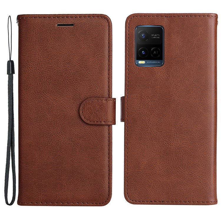 KT Leather Series-2 Solid Color Wallet Stand Anti-fall Leather Phone Case Shell with Strap for vivo Y21/Y21s/Y33s - Brown