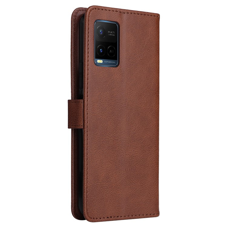 KT Leather Series-2 Solid Color Wallet Stand Anti-fall Leather Phone Case Shell with Strap for vivo Y21/Y21s/Y33s - Brown