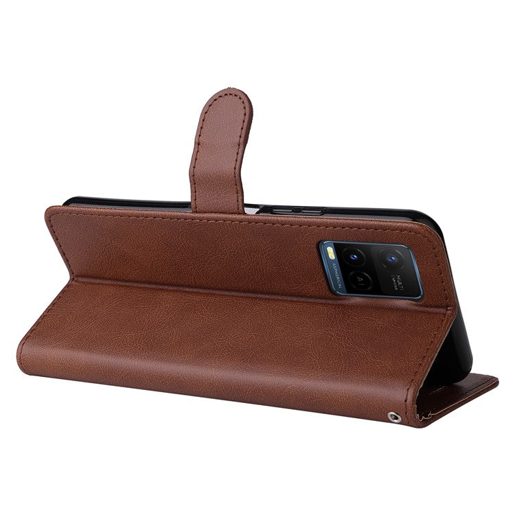 KT Leather Series-2 Solid Color Wallet Stand Anti-fall Leather Phone Case Shell with Strap for vivo Y21/Y21s/Y33s - Brown