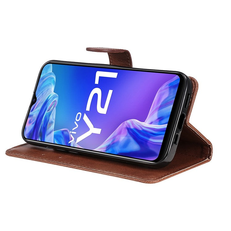 KT Leather Series-2 Solid Color Wallet Stand Anti-fall Leather Phone Case Shell with Strap for vivo Y21/Y21s/Y33s - Brown