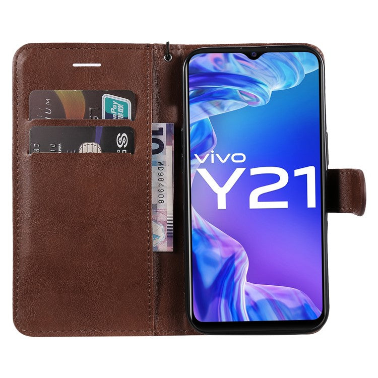 KT Leather Series-2 Solid Color Wallet Stand Anti-fall Leather Phone Case Shell with Strap for vivo Y21/Y21s/Y33s - Brown