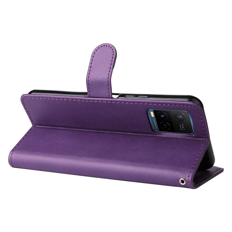 KT Leather Series-2 Solid Color Wallet Stand Anti-fall Leather Phone Case Shell with Strap for vivo Y21/Y21s/Y33s - Purple