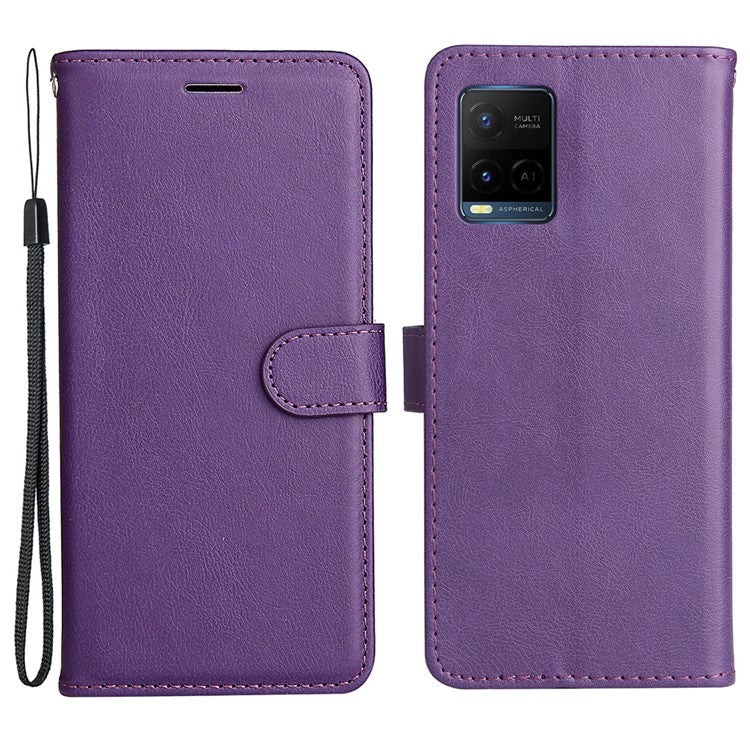 KT Leather Series-2 Solid Color Wallet Stand Anti-fall Leather Phone Case Shell with Strap for vivo Y21/Y21s/Y33s - Purple