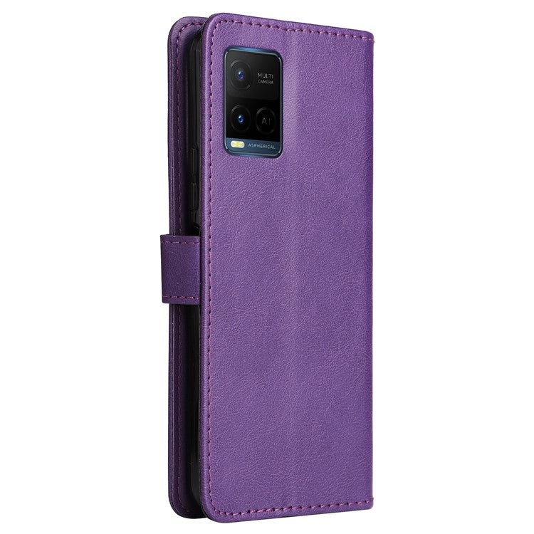 KT Leather Series-2 Solid Color Wallet Stand Anti-fall Leather Phone Case Shell with Strap for vivo Y21/Y21s/Y33s - Purple