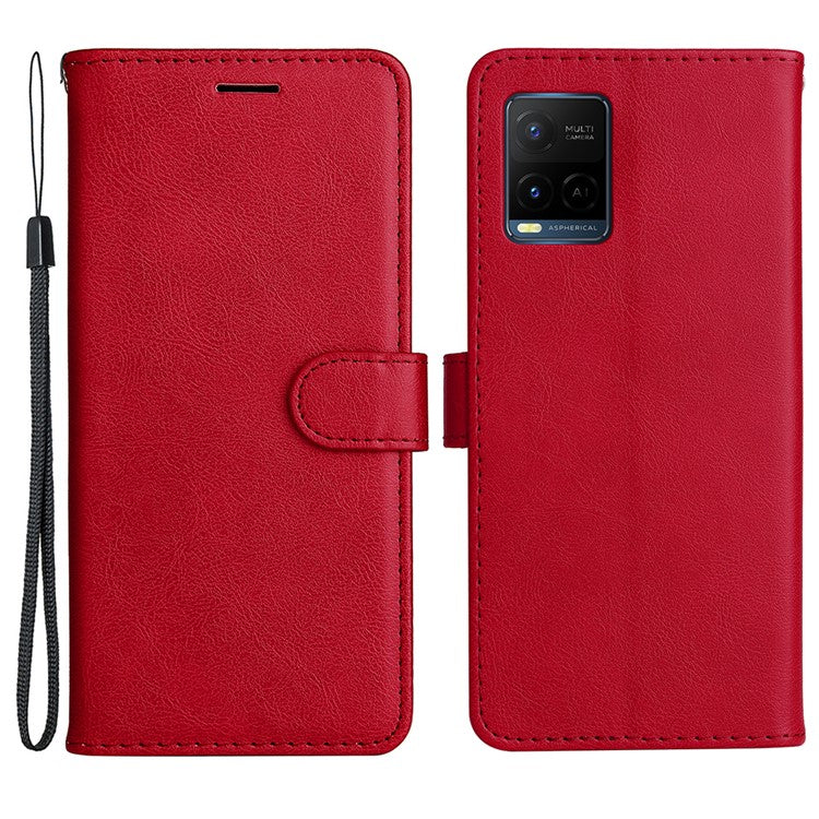 KT Leather Series-2 Solid Color Wallet Stand Anti-fall Leather Phone Case Shell with Strap for vivo Y21/Y21s/Y33s - Red