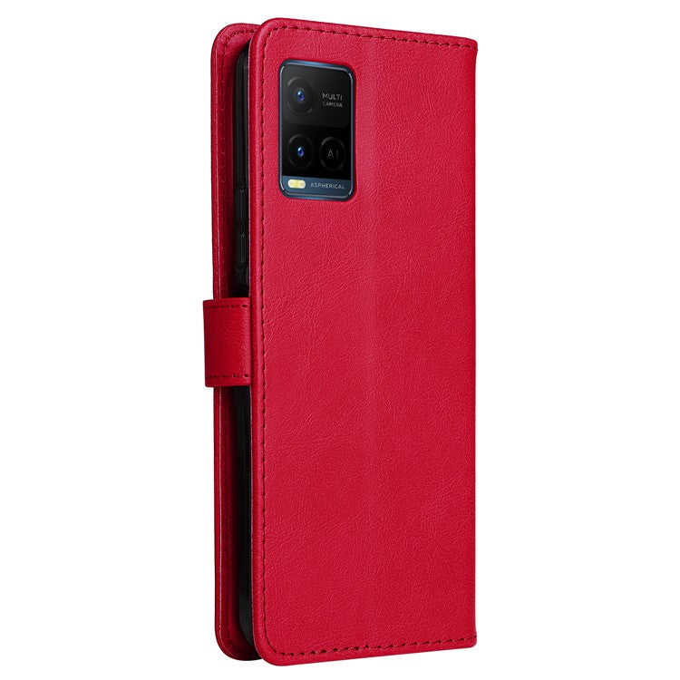 KT Leather Series-2 Solid Color Wallet Stand Anti-fall Leather Phone Case Shell with Strap for vivo Y21/Y21s/Y33s - Red