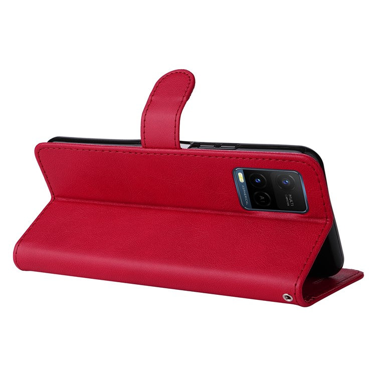 KT Leather Series-2 Solid Color Wallet Stand Anti-fall Leather Phone Case Shell with Strap for vivo Y21/Y21s/Y33s - Red