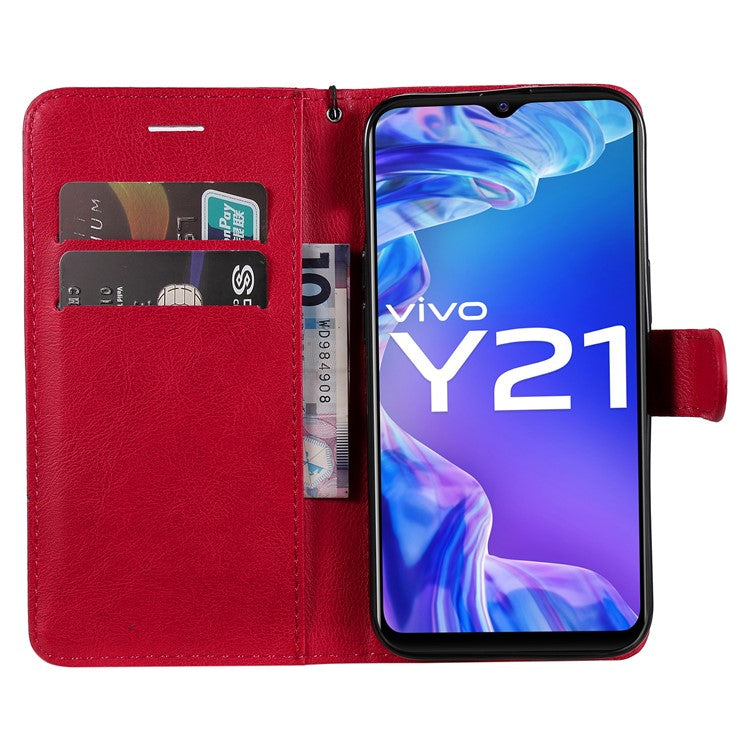 KT Leather Series-2 Solid Color Wallet Stand Anti-fall Leather Phone Case Shell with Strap for vivo Y21/Y21s/Y33s - Red