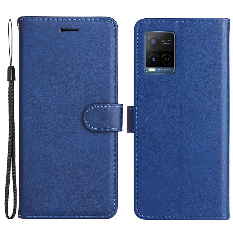 KT Leather Series-2 Solid Color Wallet Stand Anti-fall Leather Phone Case Shell with Strap for vivo Y21/Y21s/Y33s - Blue