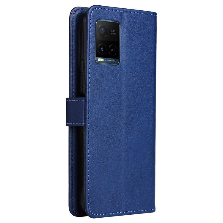 KT Leather Series-2 Solid Color Wallet Stand Anti-fall Leather Phone Case Shell with Strap for vivo Y21/Y21s/Y33s - Blue