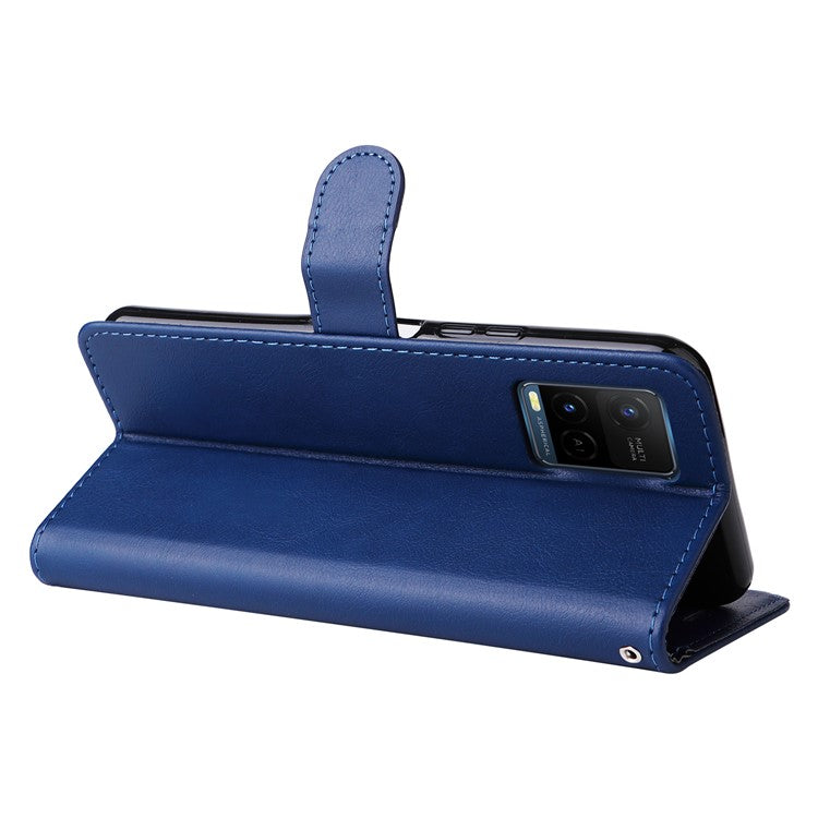 KT Leather Series-2 Solid Color Wallet Stand Anti-fall Leather Phone Case Shell with Strap for vivo Y21/Y21s/Y33s - Blue