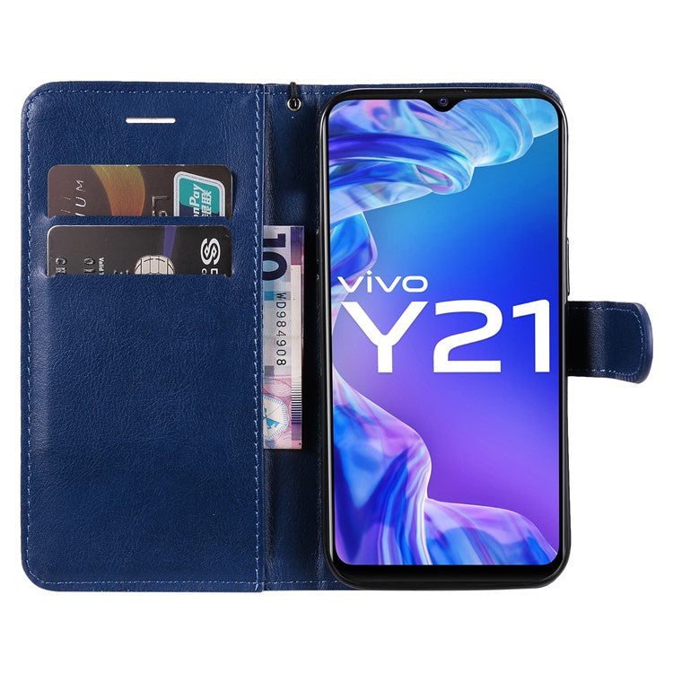 KT Leather Series-2 Solid Color Wallet Stand Anti-fall Leather Phone Case Shell with Strap for vivo Y21/Y21s/Y33s - Blue