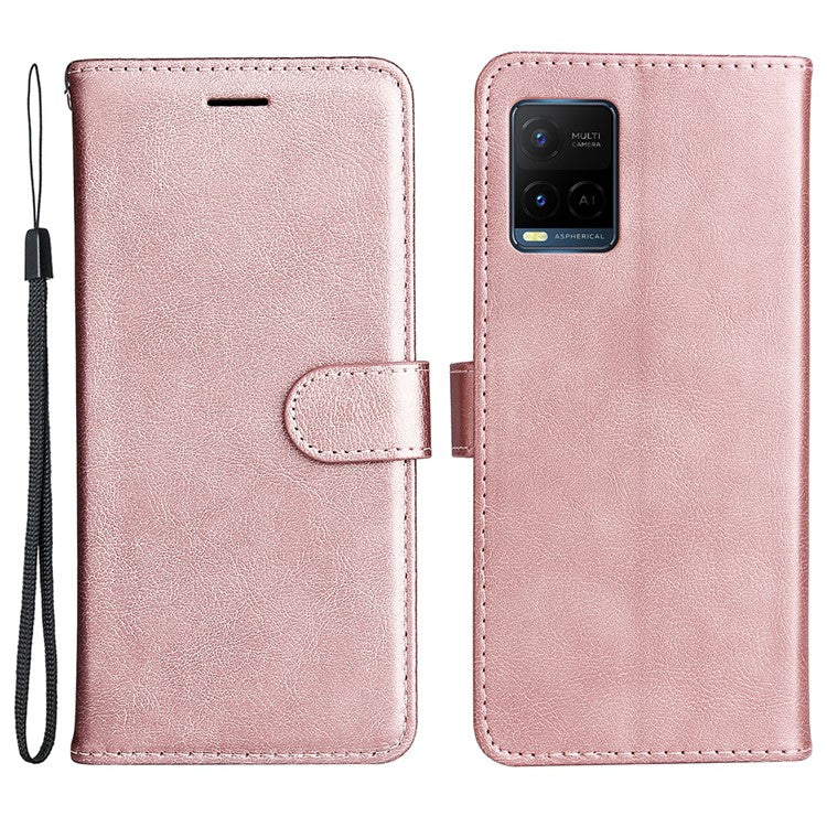 KT Leather Series-2 Solid Color Wallet Stand Anti-fall Leather Phone Case Shell with Strap for vivo Y21/Y21s/Y33s - Rose Gold