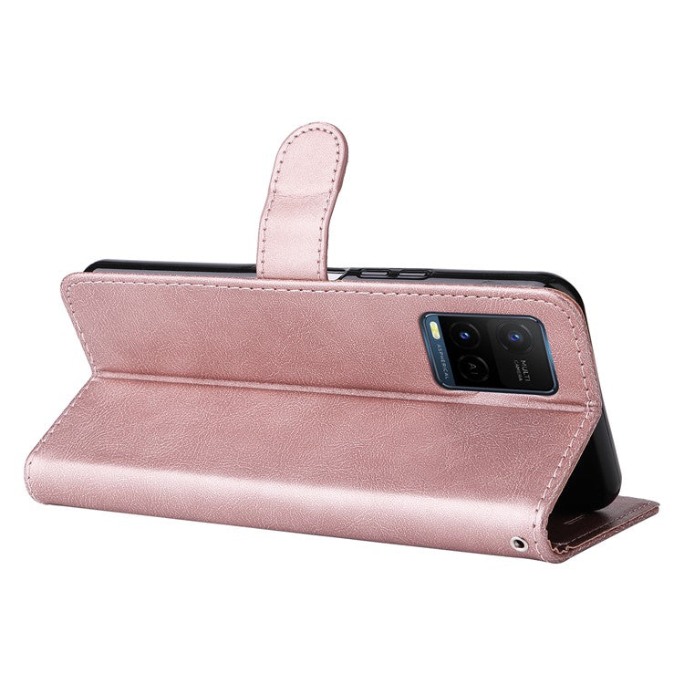 KT Leather Series-2 Solid Color Wallet Stand Anti-fall Leather Phone Case Shell with Strap for vivo Y21/Y21s/Y33s - Rose Gold