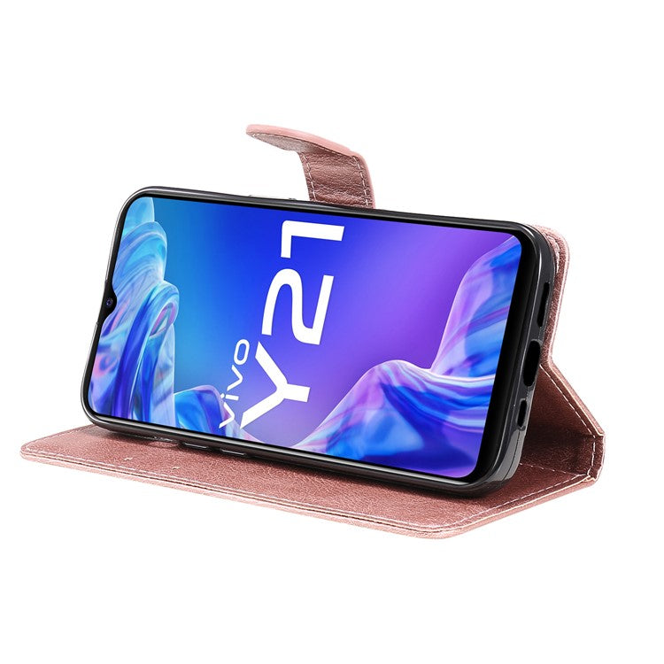 KT Leather Series-2 Solid Color Wallet Stand Anti-fall Leather Phone Case Shell with Strap for vivo Y21/Y21s/Y33s - Rose Gold