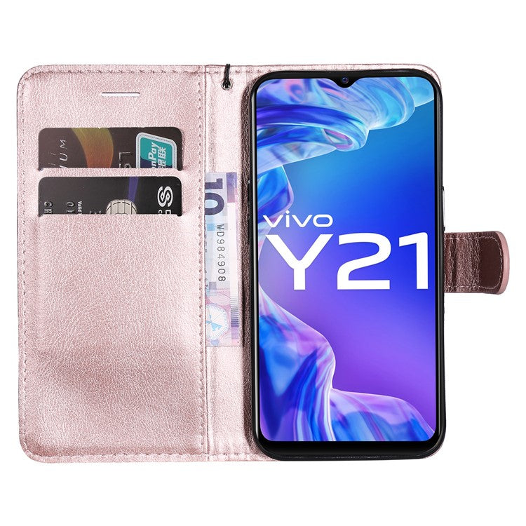 KT Leather Series-2 Solid Color Wallet Stand Anti-fall Leather Phone Case Shell with Strap for vivo Y21/Y21s/Y33s - Rose Gold