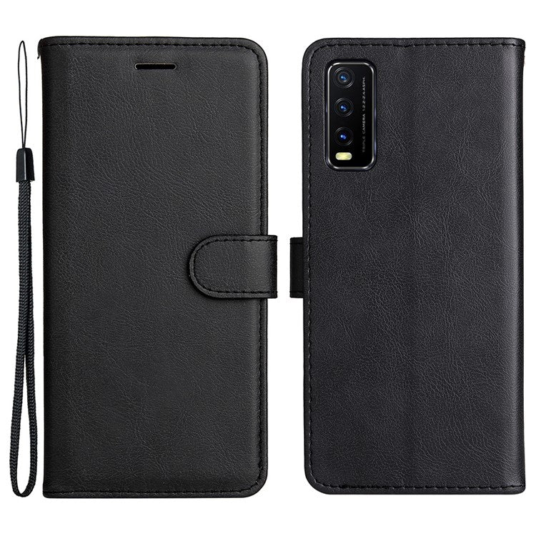 KT Leather Series-2 Full Protection PU Leather Wallet Stand Flip Protective Cover with Strap for vivo Y20 / Y20s / Y20A / Y20i / Y20G / Y20s [G] / Y11s / Y12a / Y12s - Black