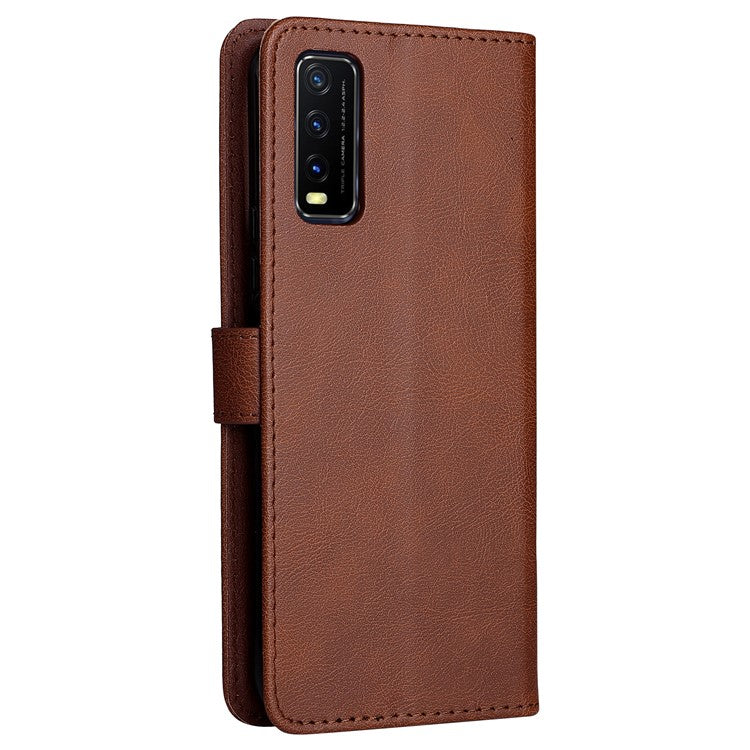 KT Leather Series-2 Full Protection PU Leather Wallet Stand Flip Protective Cover with Strap for vivo Y20 / Y20s / Y20A / Y20i / Y20G / Y20s [G] / Y11s / Y12a / Y12s - Brown