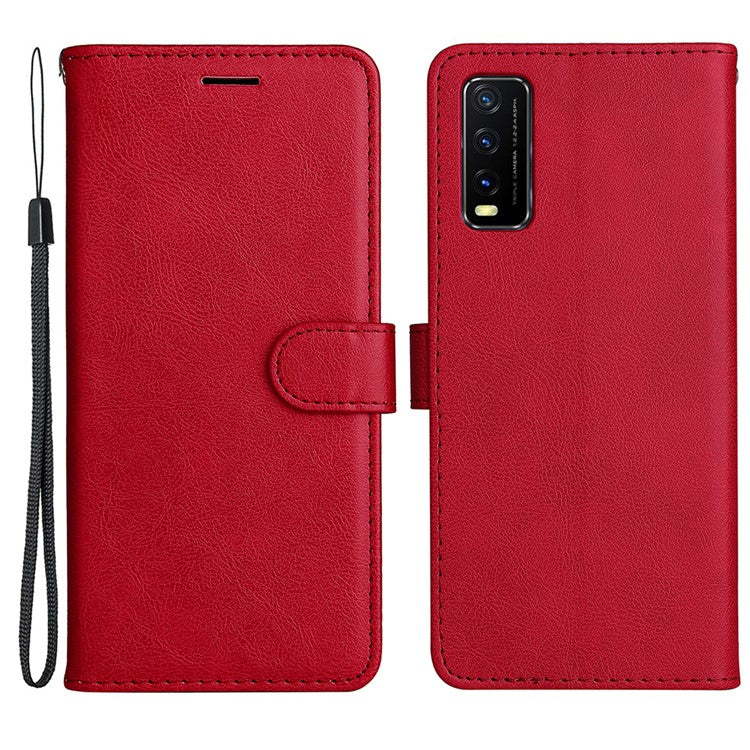 KT Leather Series-2 Full Protection PU Leather Wallet Stand Flip Protective Cover with Strap for vivo Y20 / Y20s / Y20A / Y20i / Y20G / Y20s [G] / Y11s / Y12a / Y12s - Red