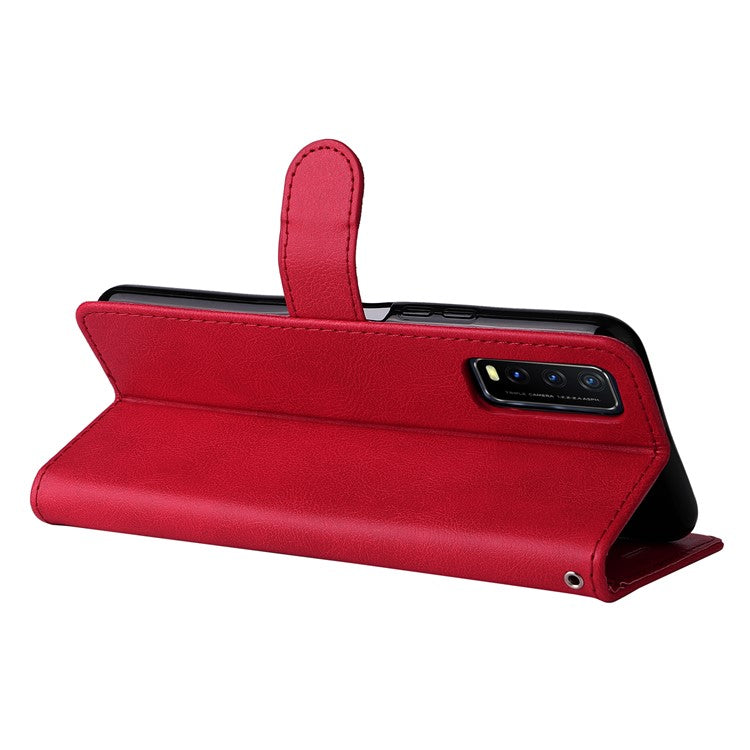 KT Leather Series-2 Full Protection PU Leather Wallet Stand Flip Protective Cover with Strap for vivo Y20 / Y20s / Y20A / Y20i / Y20G / Y20s [G] / Y11s / Y12a / Y12s - Red