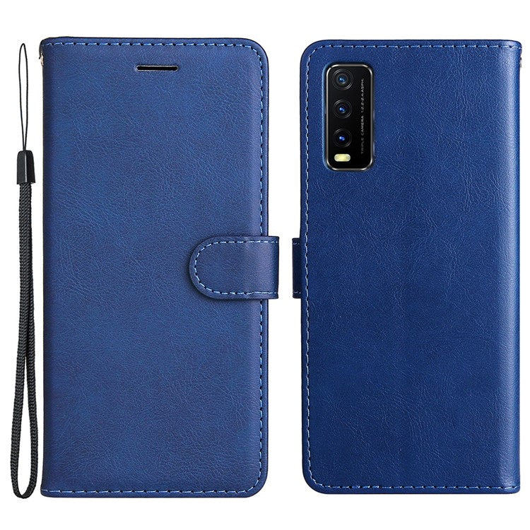 KT Leather Series-2 Full Protection PU Leather Wallet Stand Flip Protective Cover with Strap for vivo Y20 / Y20s / Y20A / Y20i / Y20G / Y20s [G] / Y11s / Y12a / Y12s - Blue