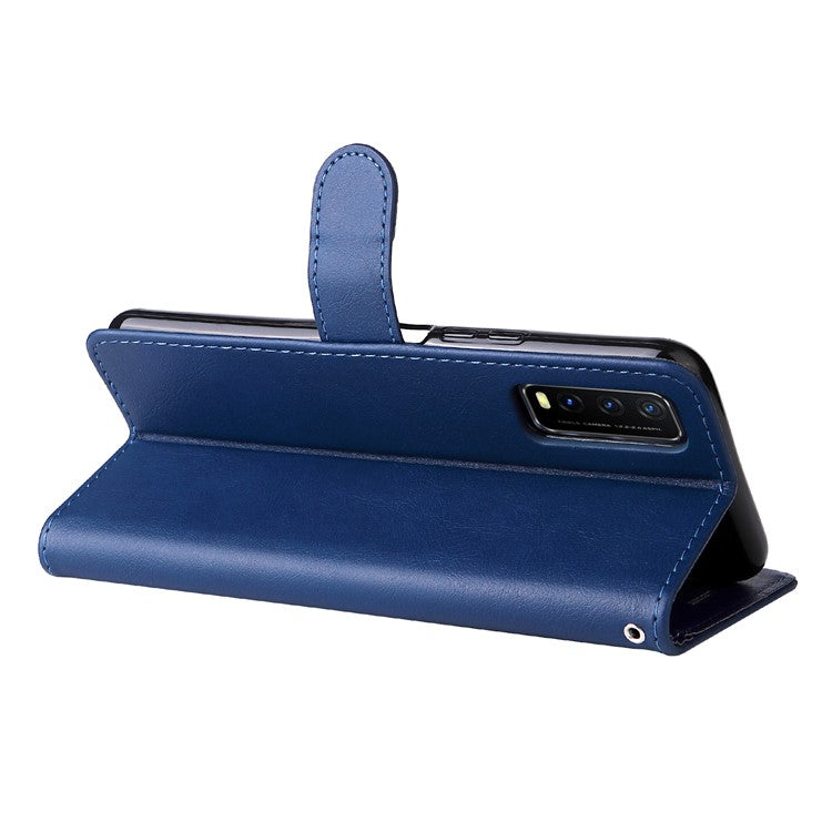 KT Leather Series-2 Full Protection PU Leather Wallet Stand Flip Protective Cover with Strap for vivo Y20 / Y20s / Y20A / Y20i / Y20G / Y20s [G] / Y11s / Y12a / Y12s - Blue