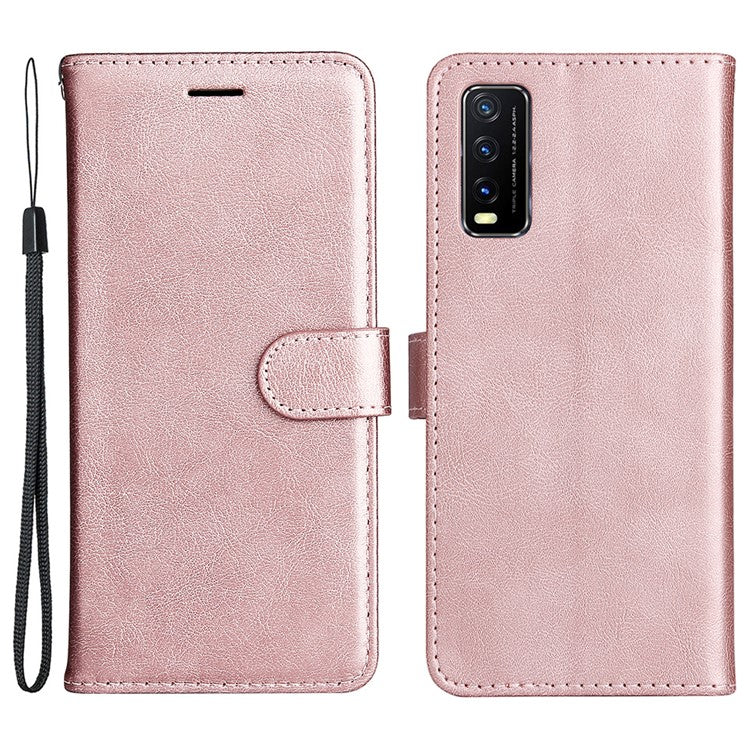 KT Leather Series-2 Full Protection PU Leather Wallet Stand Flip Protective Cover with Strap for vivo Y20 / Y20s / Y20A / Y20i / Y20G / Y20s [G] / Y11s / Y12a / Y12s - Rose Gold