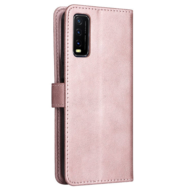 KT Leather Series-2 Full Protection PU Leather Wallet Stand Flip Protective Cover with Strap for vivo Y20 / Y20s / Y20A / Y20i / Y20G / Y20s [G] / Y11s / Y12a / Y12s - Rose Gold