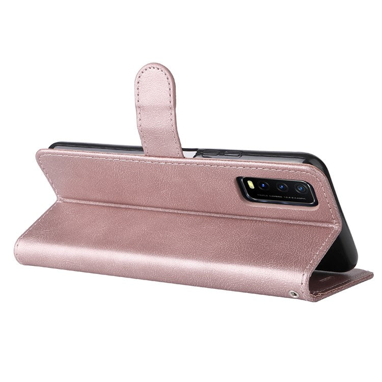 KT Leather Series-2 Full Protection PU Leather Wallet Stand Flip Protective Cover with Strap for vivo Y20 / Y20s / Y20A / Y20i / Y20G / Y20s [G] / Y11s / Y12a / Y12s - Rose Gold