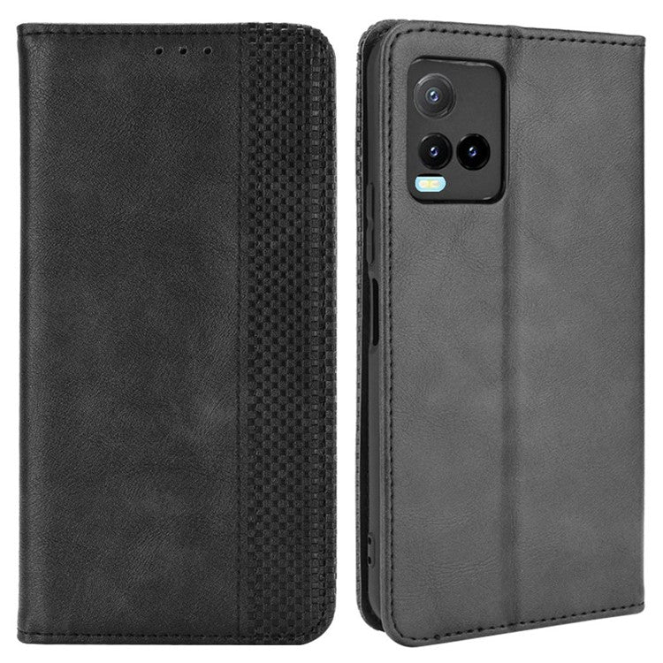 Retro Textured Surface Magnetic Automatic Closing for vivo Y33s 4G / Y21 / Y21s / Y32 4G / Y21t 4G / Y21e 4G / Y21a 4G / Y21G / T1X 4G / Y33t Leather Phone Wallet Stand Cover - Black