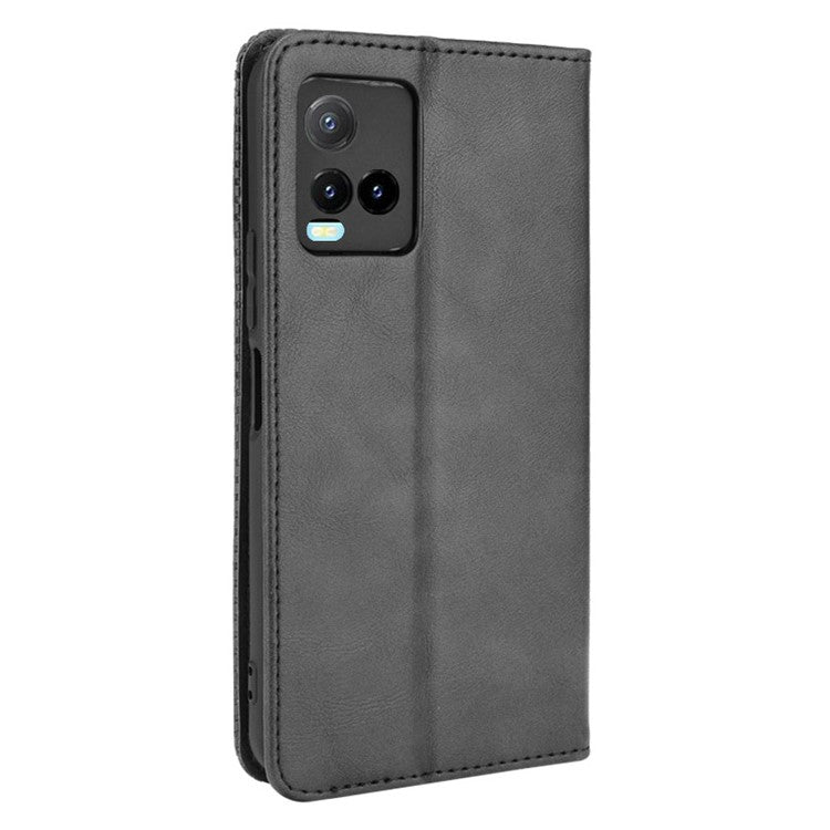 Retro Textured Surface Magnetic Automatic Closing for vivo Y33s 4G / Y21 / Y21s / Y32 4G / Y21t 4G / Y21e 4G / Y21a 4G / Y21G / T1X 4G / Y33t Leather Phone Wallet Stand Cover - Black